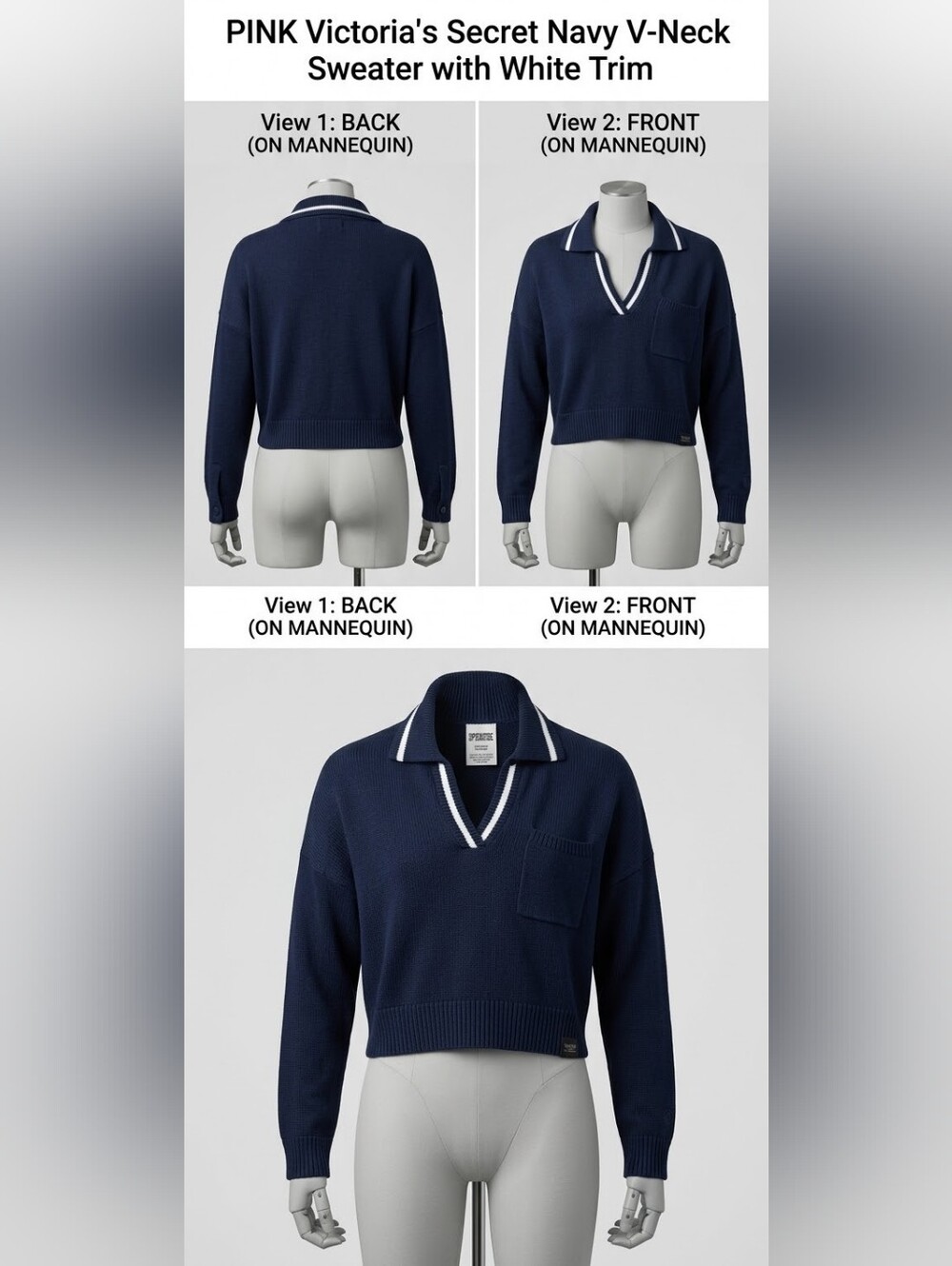 PINK Victoria's Secret Navy V-Neck Sweater with White Trim